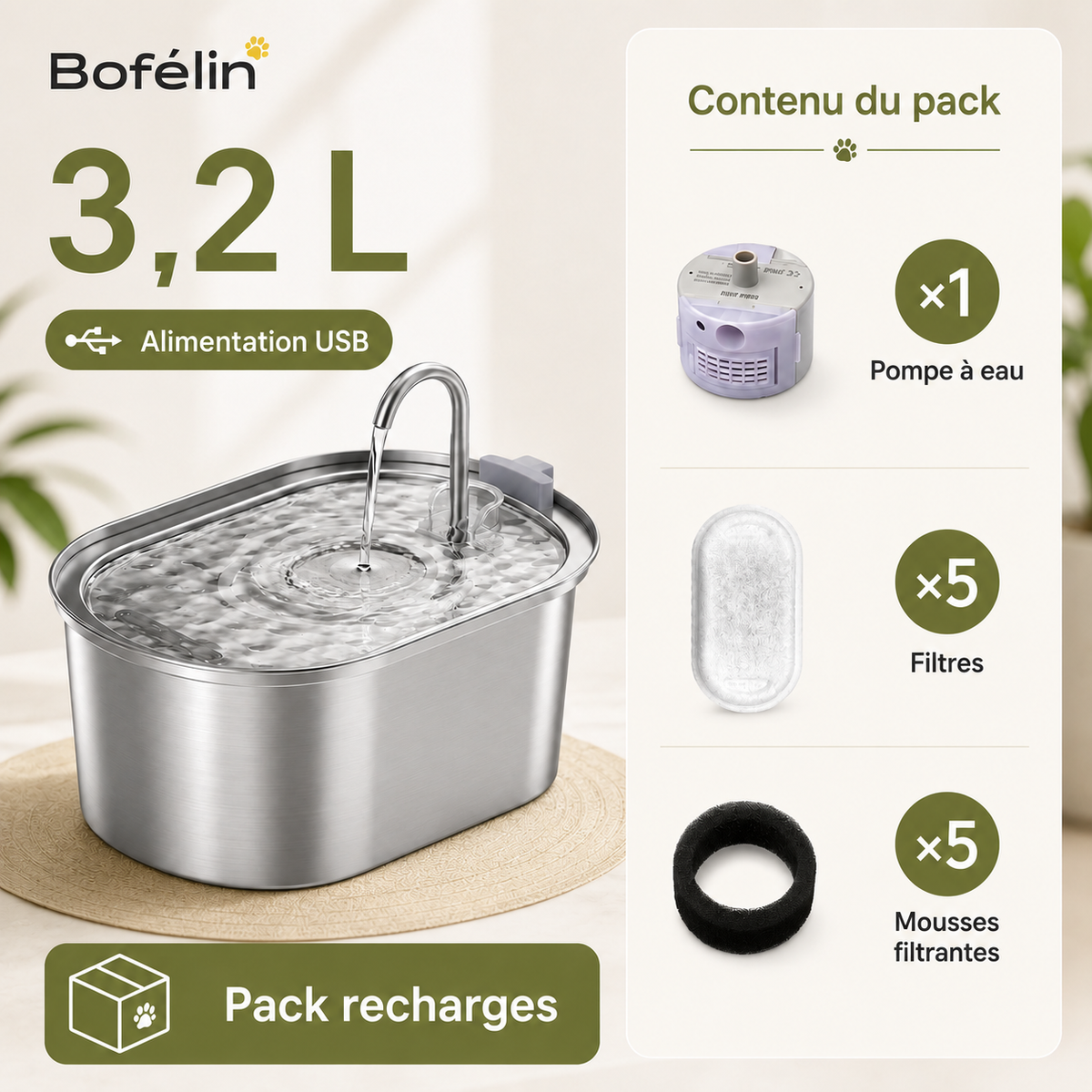 Fontaine à eau chat inox 3L
