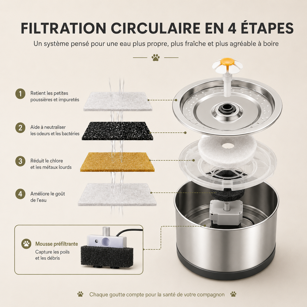 FILTRES - Fontaine à eau chat inox et fleur 2L