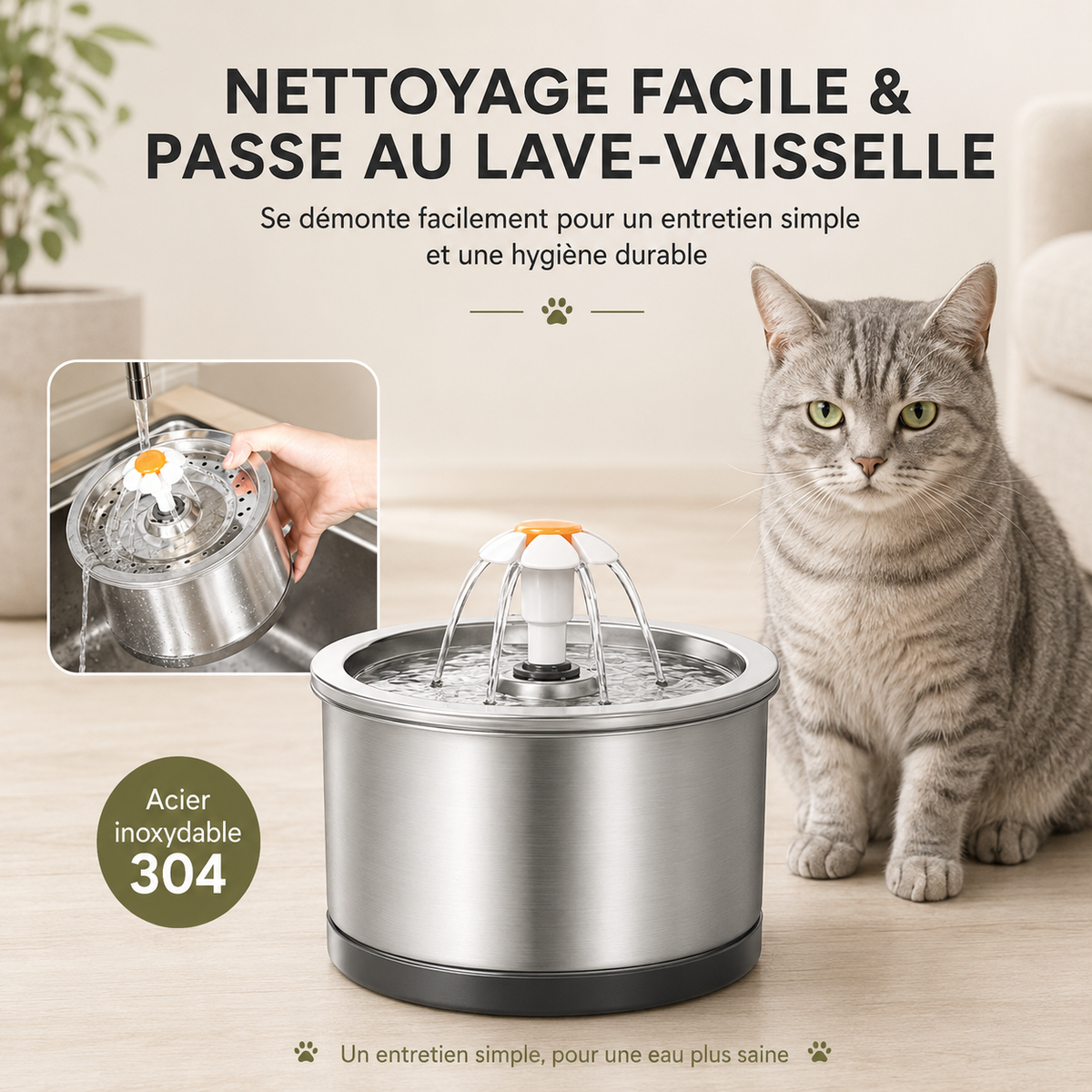 Fontaine à eau chat inox et fleur 2L