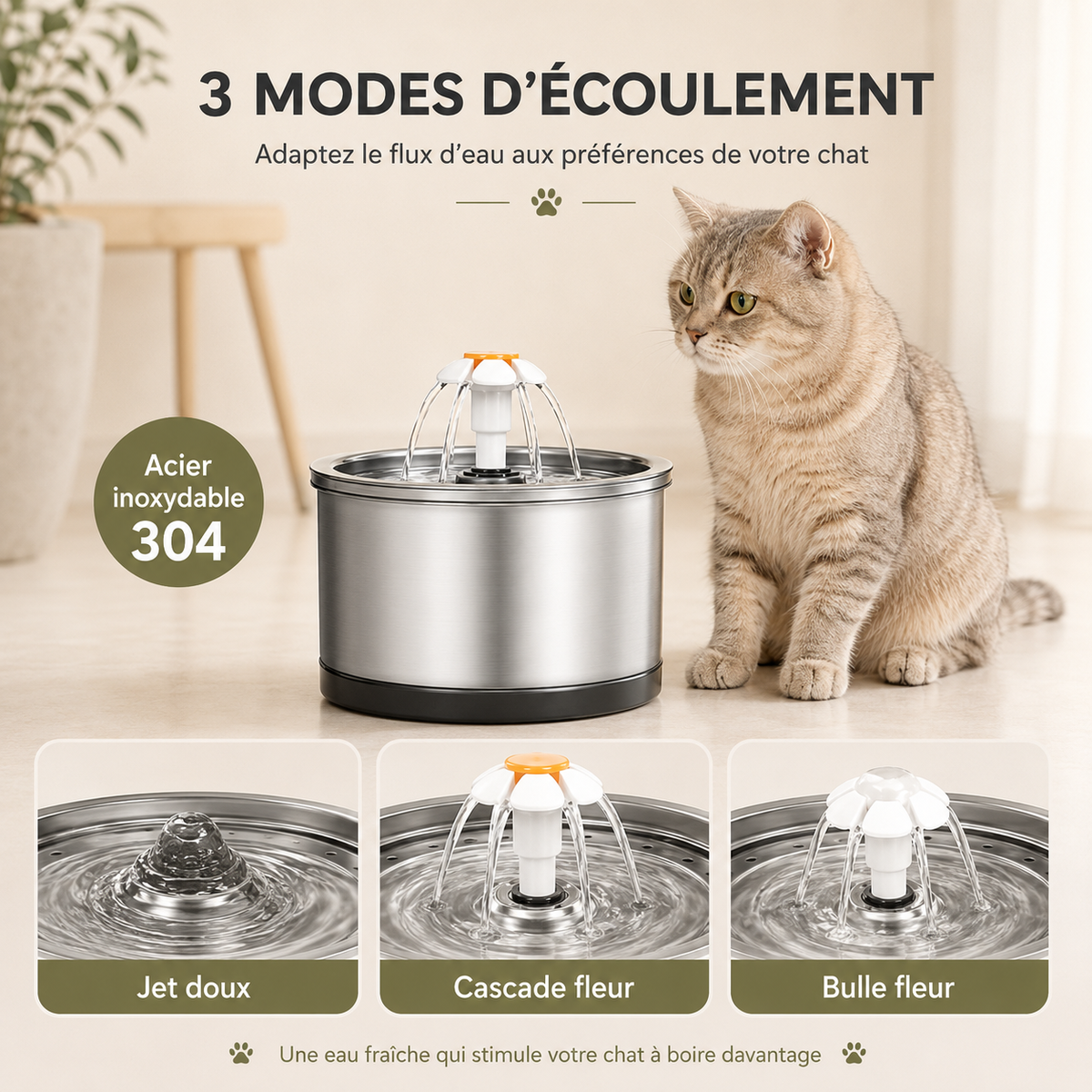 Fontaine à eau chat inox et fleur 2L