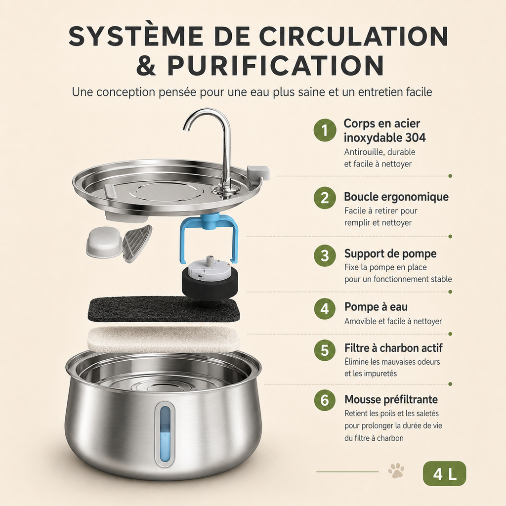 Fontaine à eau en inox pour chat 4L