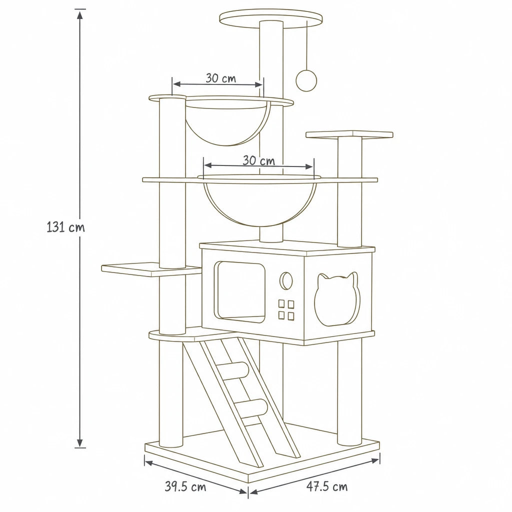 Dimensions de arbre à chat caisse en bois chaud Aestus Bofélin, schéma coté