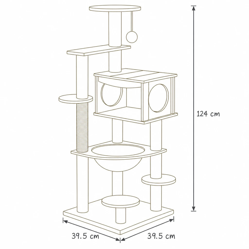 Dimensions de arbre à chat caisse en bois clair Arca Bofélin, schéma coté