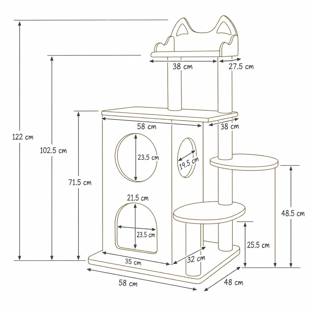 Dimensions de arbre à chat design bois Nexus Bofélin, schéma coté