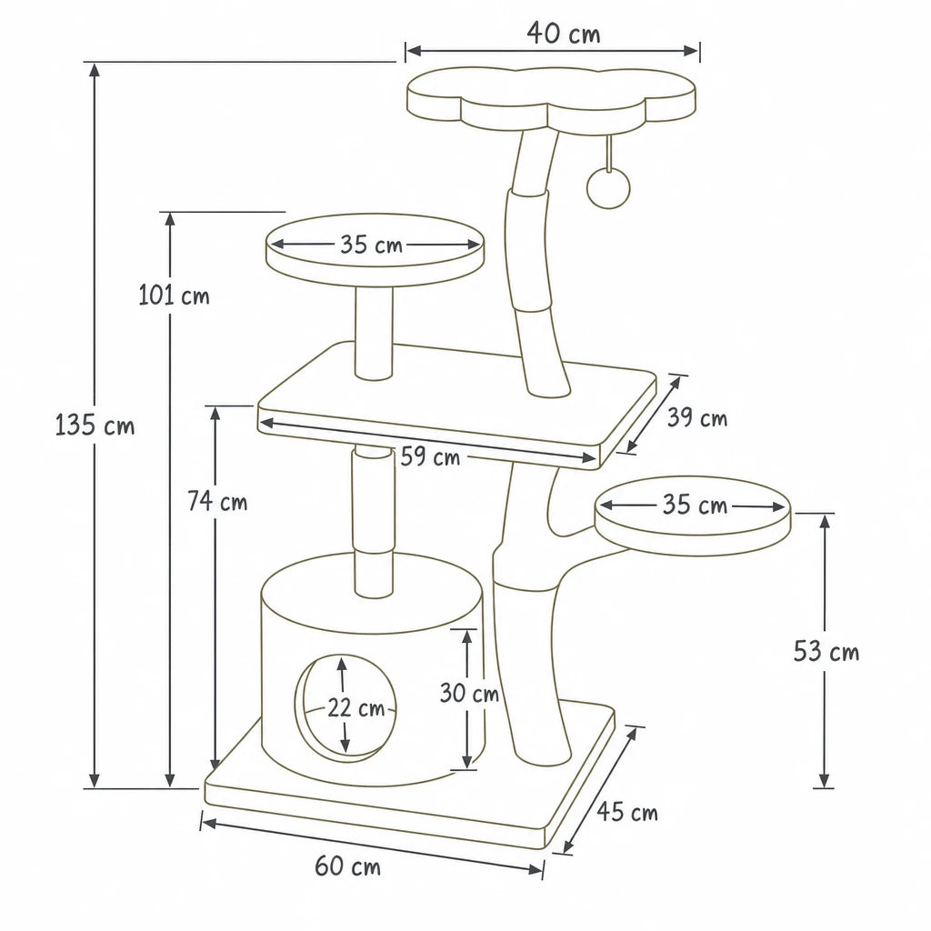 Dimensions de arbre à chat design douceur Suki Bofélin, schéma coté