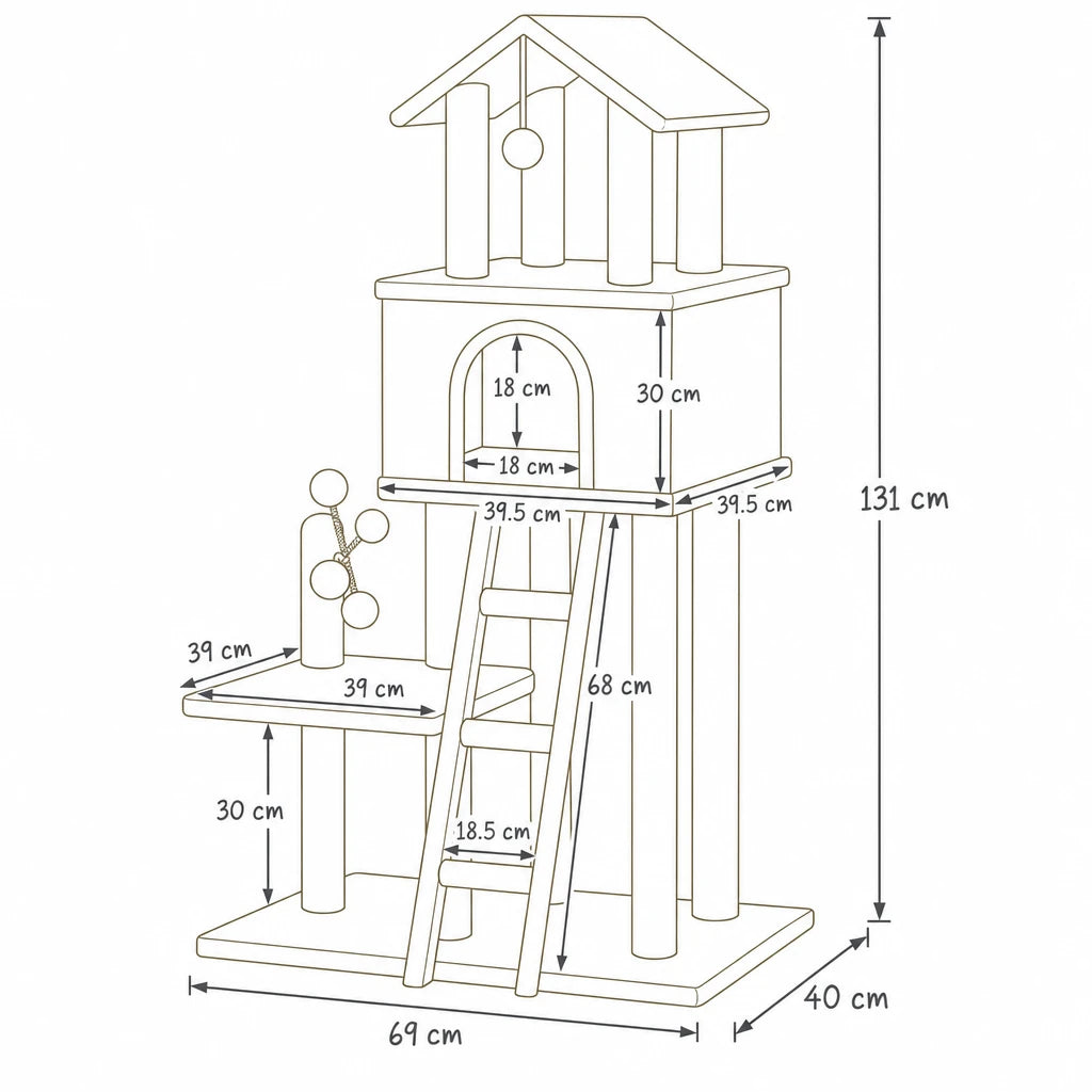 Dimensions de arbre à chat design luxe scandinave Regis Bofélin, schéma coté