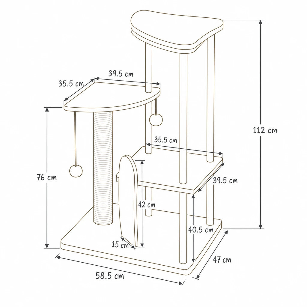 Dimensions de arbre à chat design luxe Selene Bofélin, schéma coté