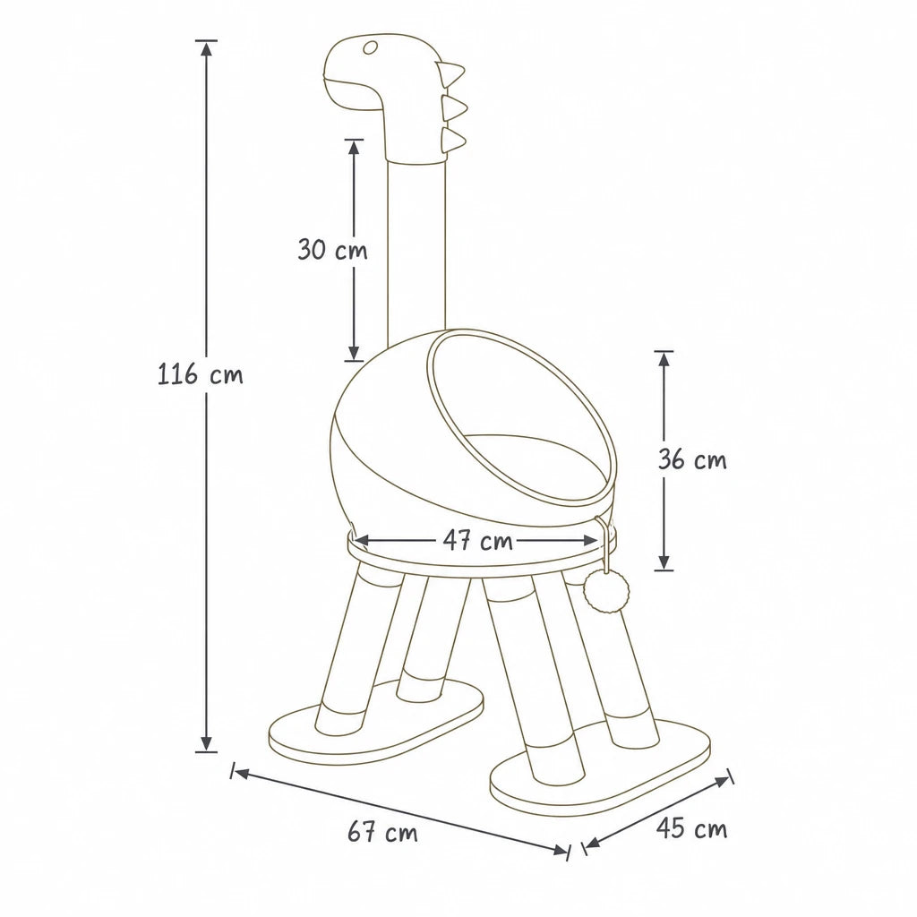 Dimensions de arbre à chat design rotin dinosaure Iris Bofélin, schéma coté