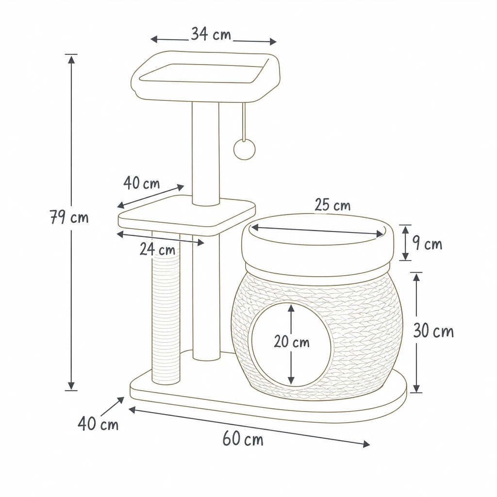 Dimensions de arbre à chat design scandinave Salix Bofélin, schéma coté