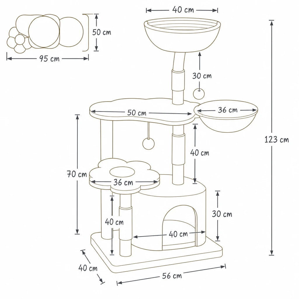 Dimensions de arbre à chat en bois massif Dulcis Bofélin, schéma coté