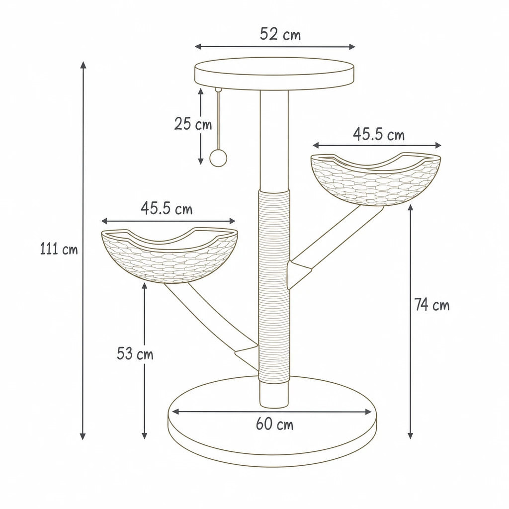 Dimensions de arbre à chat en bois naturel luxe Stela Bofélin, schéma coté