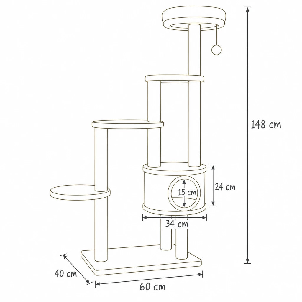 Dimensions de arbre à chat grand modèle 148cm Cortex Bofélin, schéma coté