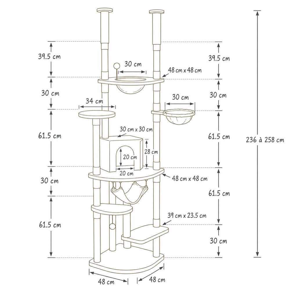 Dimensions de arbre à chat angle hauteur plafond Solium Bofélin, schéma coté