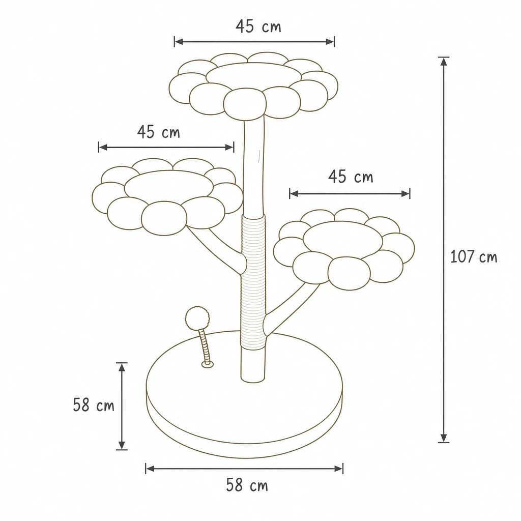 Dimensions de arbre à chat original tournesol Gaia Bofélin, schéma coté