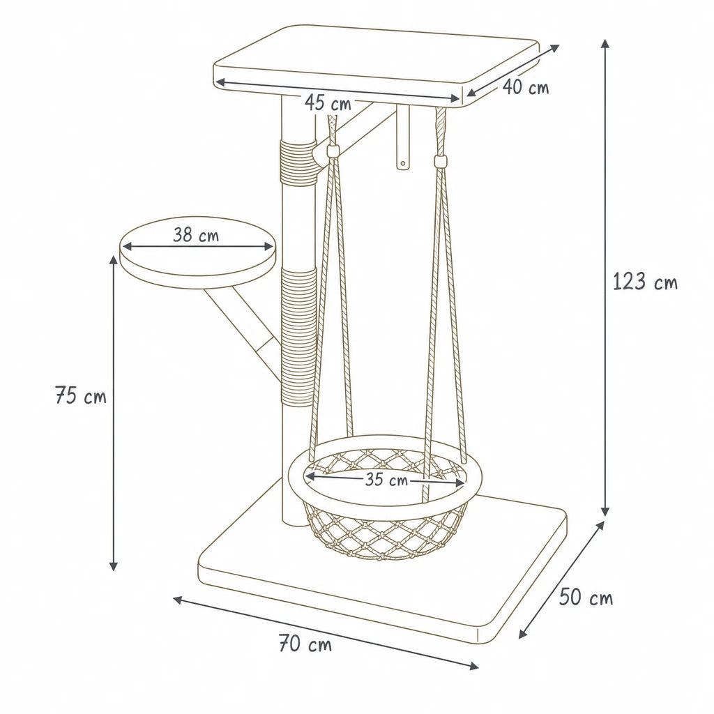 Dimensions de arbre à chat scandinave avec balançoire Mollis Bofélin, schéma coté