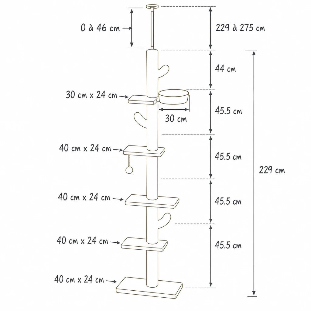 Dimensions de arbre à chat sol plafond original Cima Bofélin, schéma coté