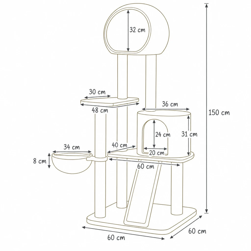 Schéma coté de l'arbre à chat scandinave Morphe Bofélin : 150 cm de haut, base de 60 x 60 cm