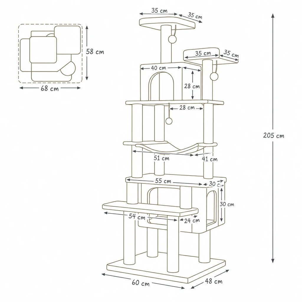 Dimensions de arbre à chat xxl 2m05 Aura Bofélin, schéma coté