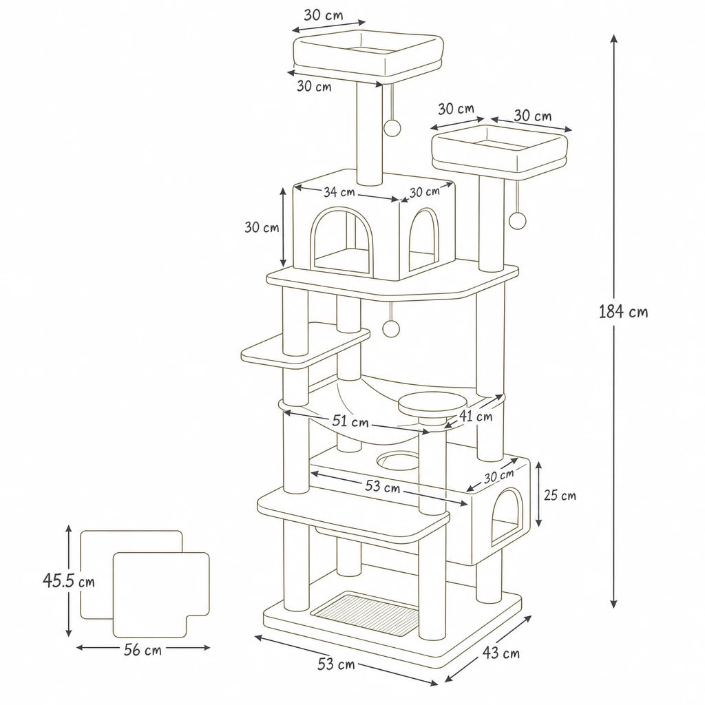 Dimensions de arbre à chat xxl 1m80 Ventus Bofélin, schéma coté
