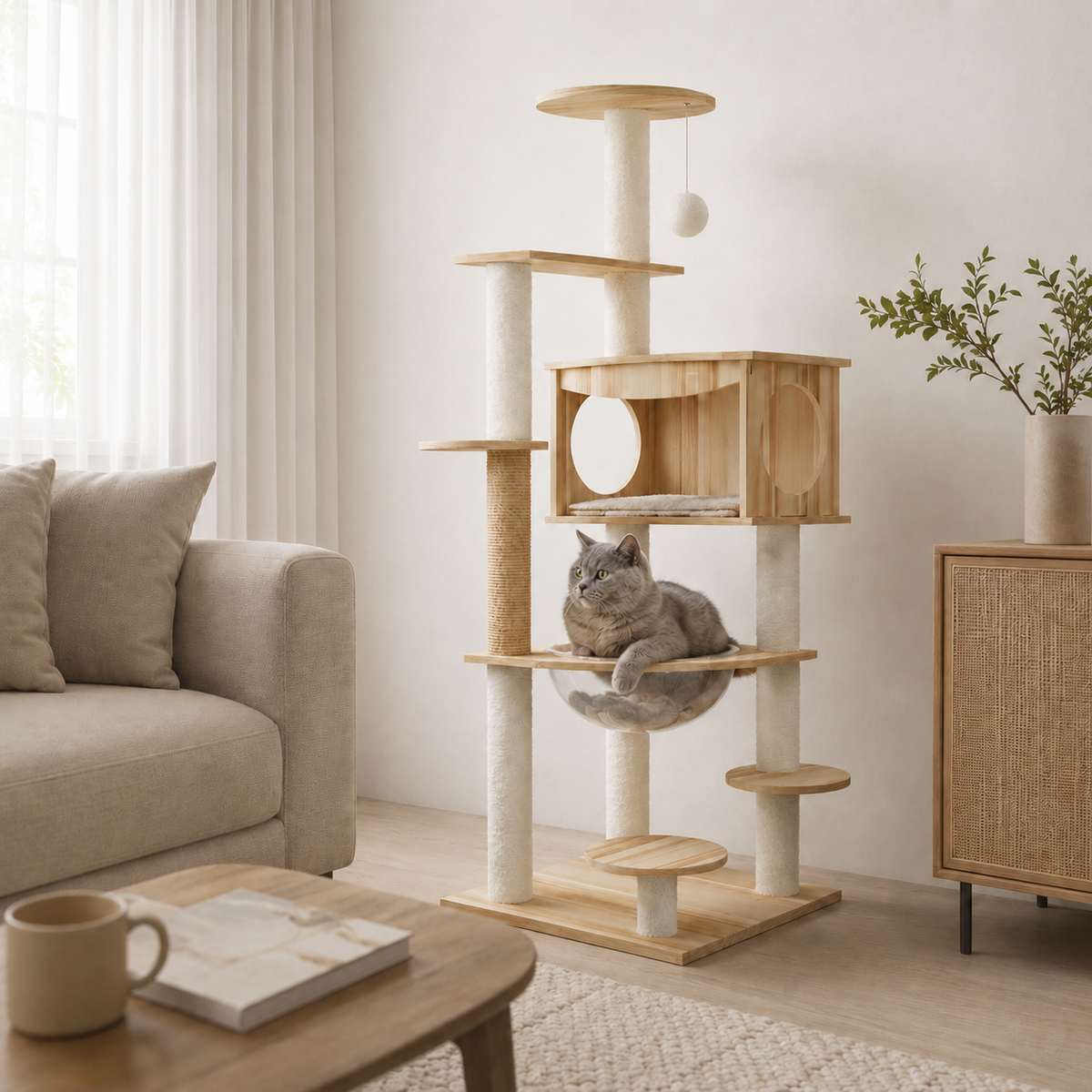 Arbre à chat caisse en bois clair
