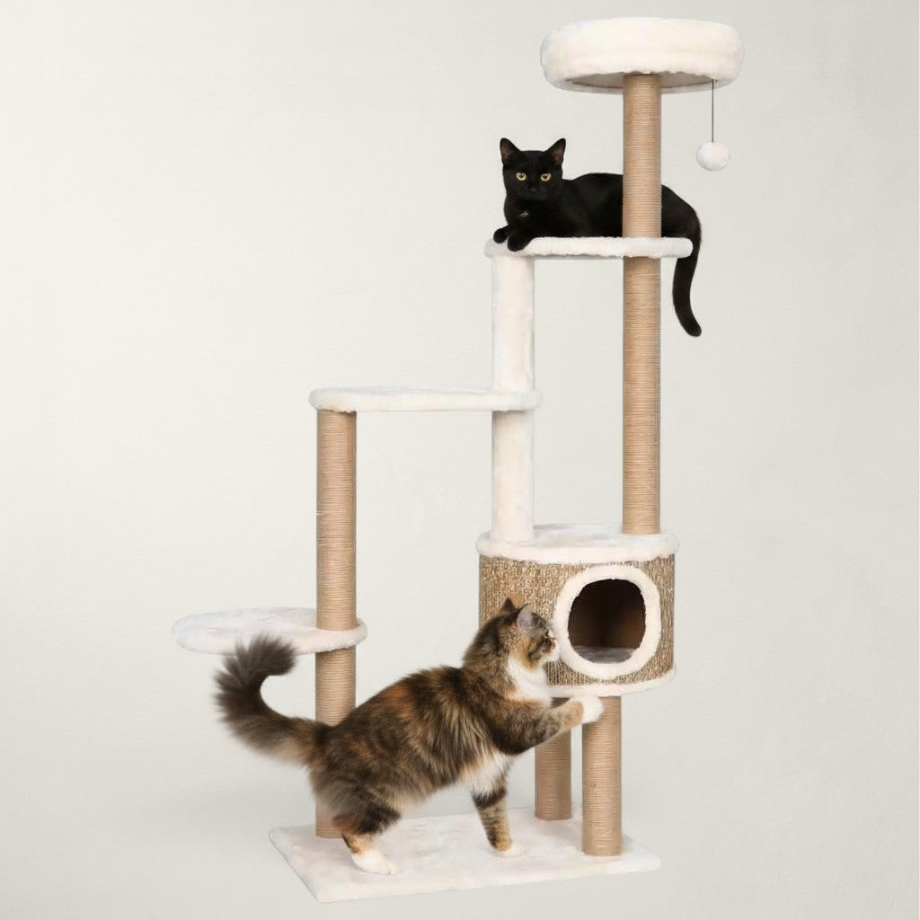Arbre à chat Bofélin beige 148cm avec poteaux en jute, niches et plateformes, occupé par deux chats