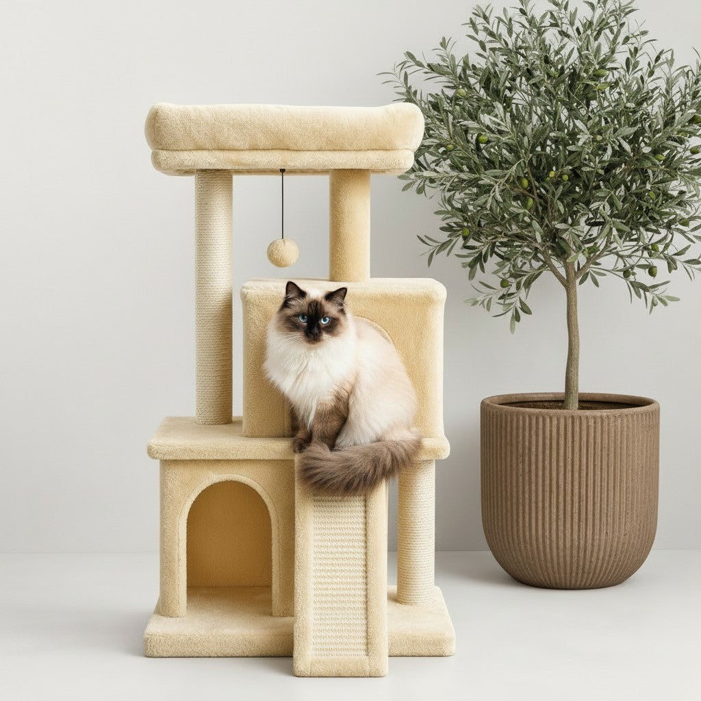 Arbre à chat Bofélin beige en fausse fourrure avec niches, poteaux en sisal et chat Birman assis sur la plateforme