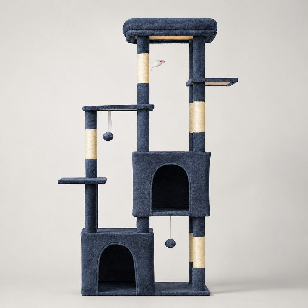 Arbre à chat Bofélin bleu en fausse fourrure avec niches, perchoir XL et poteaux en sisal pour grands chats