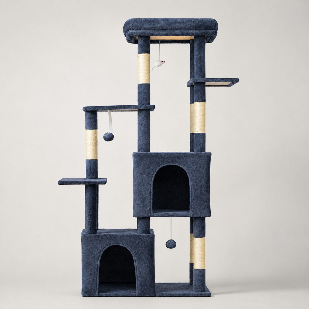 Arbre à chat Bofélin bleu en fausse fourrure avec niches, perchoir XL et poteaux en sisal pour grands chats