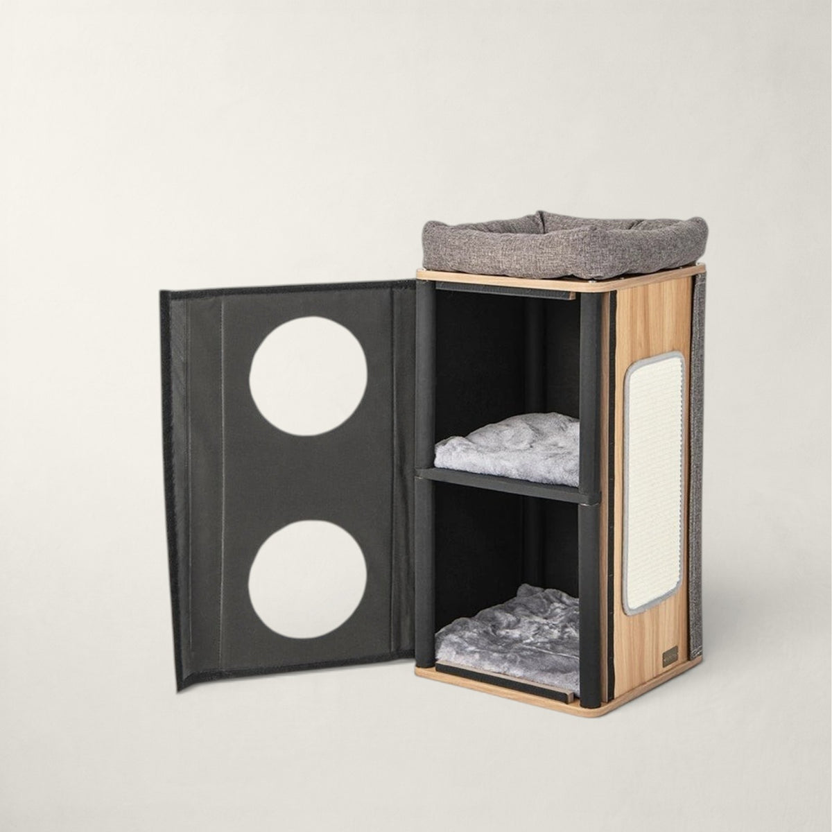 Arbre à chat Bofélin design tonneau en bois et tissu gris avec deux niches superposées et coussins amovibles