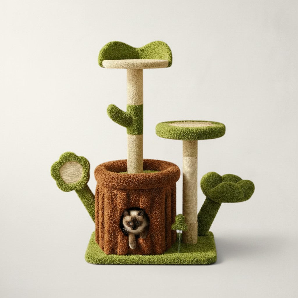 Arbre à chat Bofélin en forme de tronc d'arbre vert et marron avec niche, plateformes feuilles et poteaux en sisal.