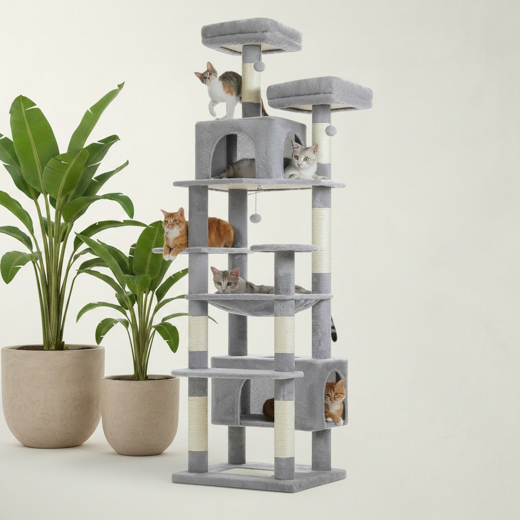 Arbre à chat XXL Bofélin de 2m05 en fausse fourrure grise avec niches, hamac, plateformes et poteaux en sisal.