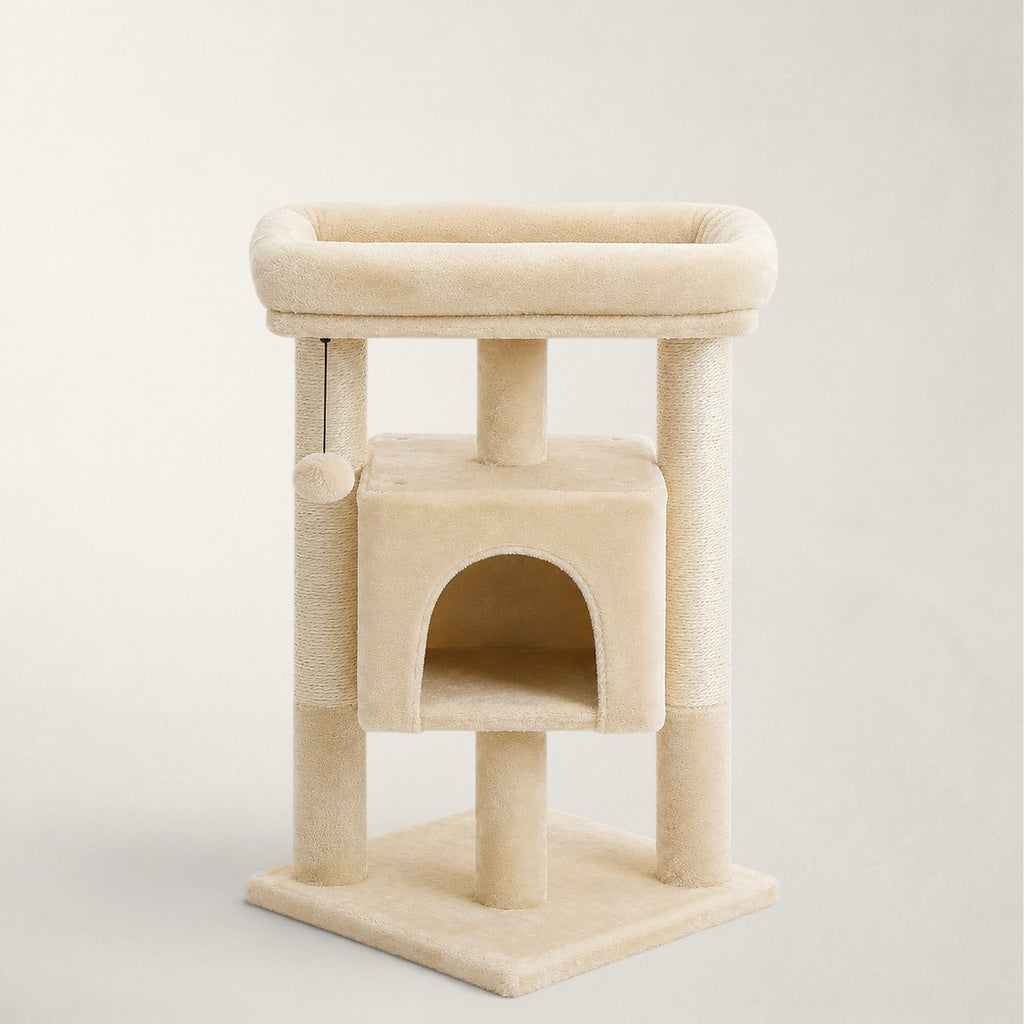 Arbre à chat d'angle Bofélin beige avec niche, poteaux en sisal et perchoir rembourré pour petits espaces