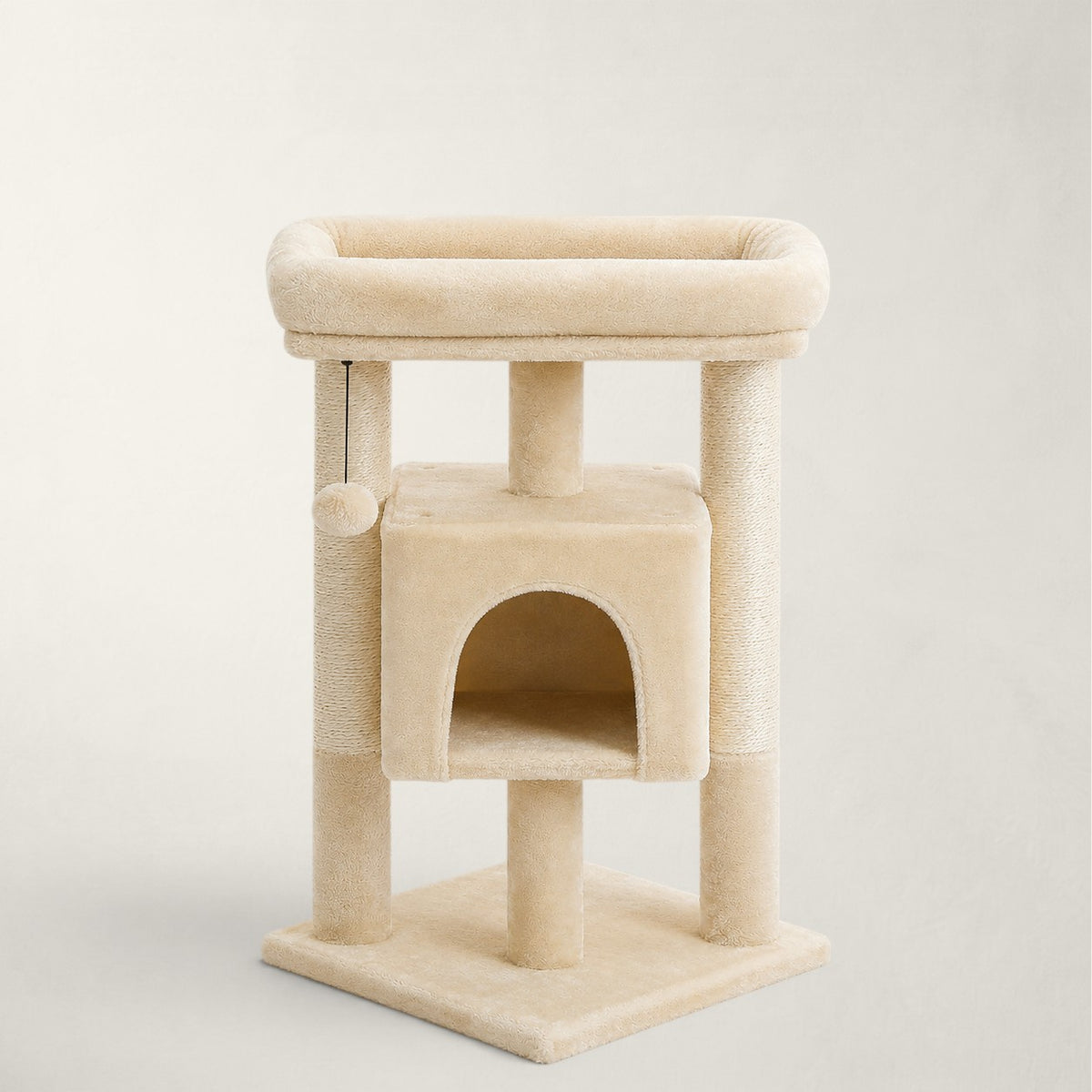 Arbre à chat d'angle Bofélin beige avec niche, poteaux en sisal et perchoir rembourré pour petits espaces