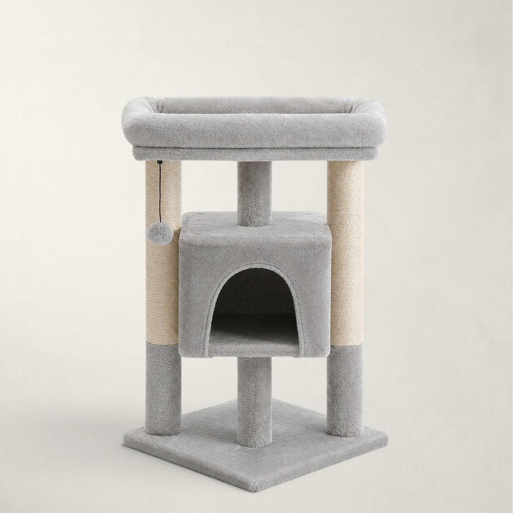 Arbre à chat d'angle Bofélin gris et beige avec niche, perchoir rembourré et poteaux en sisal naturel