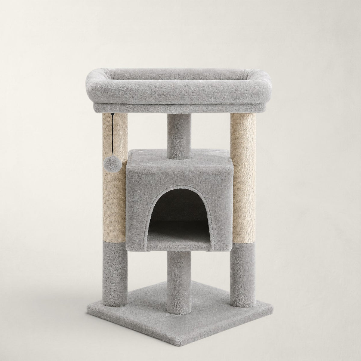 Arbre à chat d'angle Bofélin gris et beige avec niche, perchoir rembourré et poteaux en sisal naturel