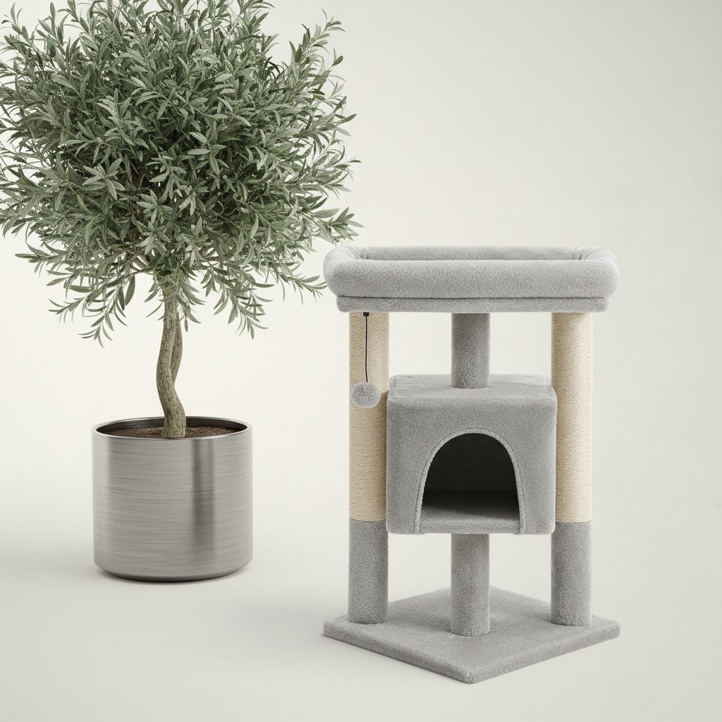 Arbre à chat d'angle Bofélin gris et beige avec niche, poteaux en sisal et perchoir rembourré pour petit espace