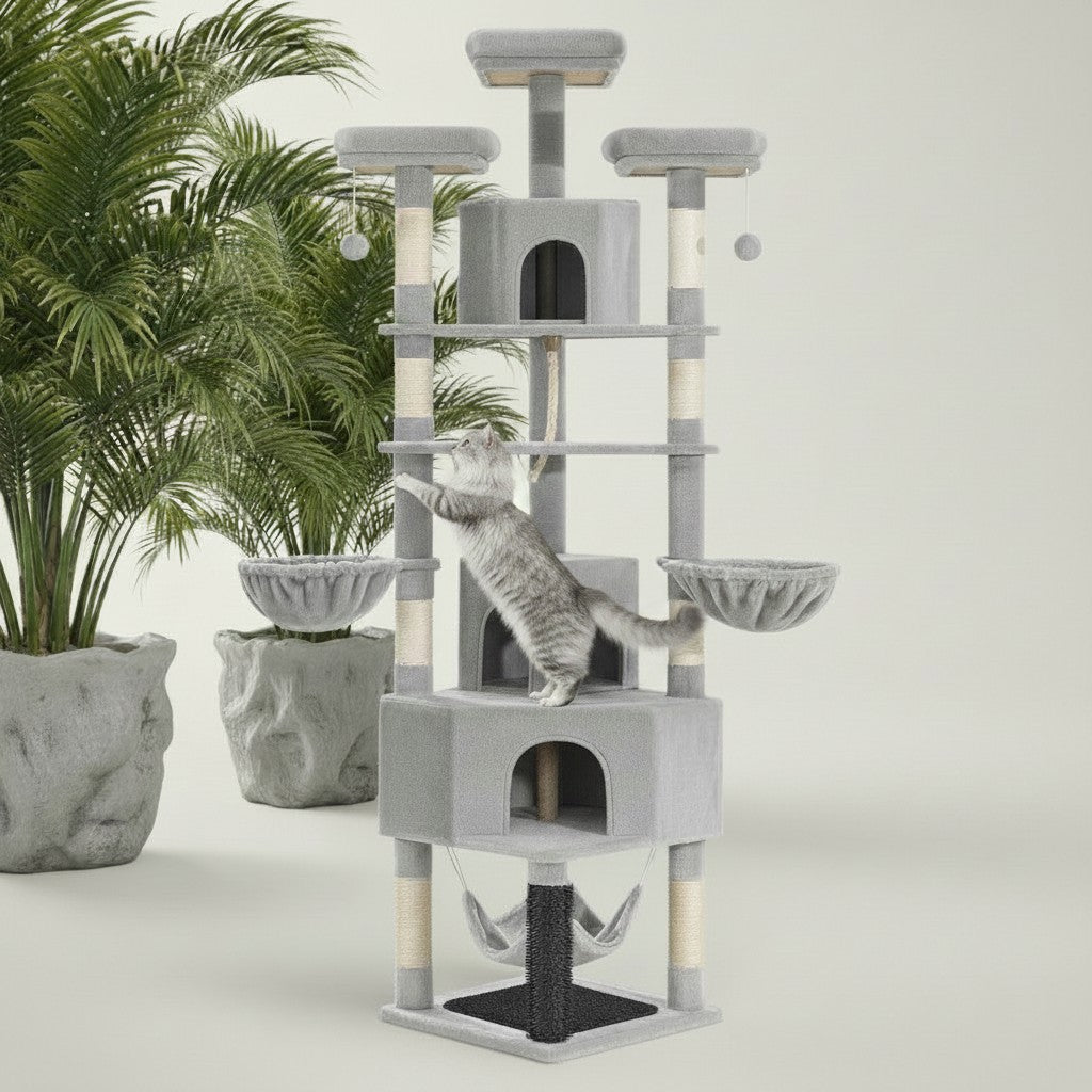 Arbre à chat d'angle XXL Bofélin gris foncé avec niches, hamacs et poteaux en sisal pour plusieurs chats