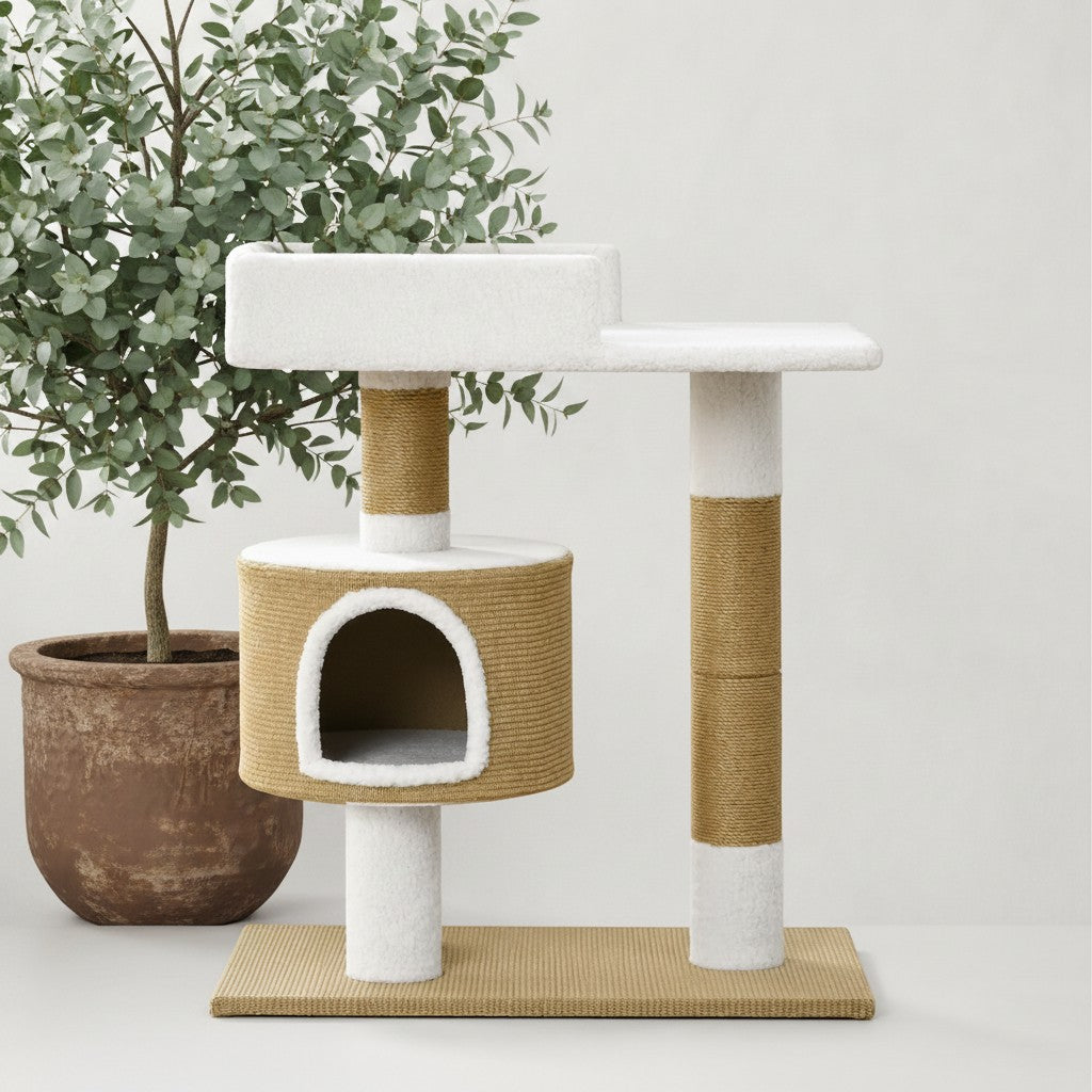 Arbre à chat Bofélin beige et blanc avec niche cylindrique, plateformes en fausse fourrure et poteaux en jute naturel
