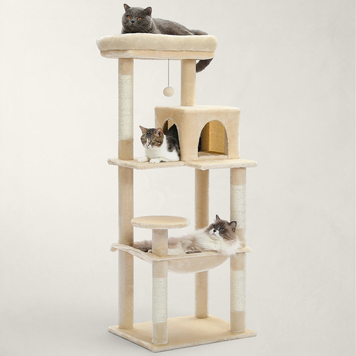Arbre à chat Bofélin beige avec niches, hamac, poteaux en sisal et perchoir pour grands chats comme le Maine Coon
