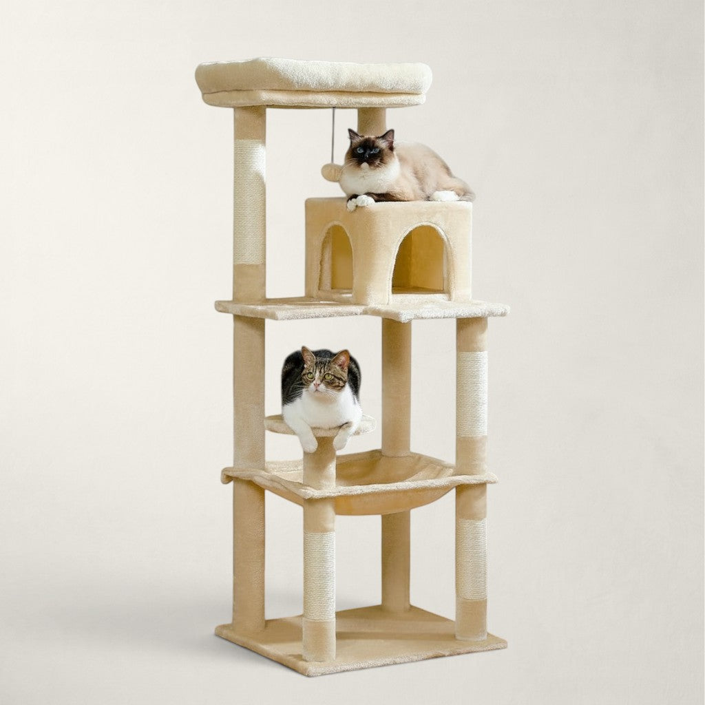 Arbre à chat Bofélin beige avec niches, hamac et poteaux en sisal, idéal pour grands chats comme le Maine Coon.