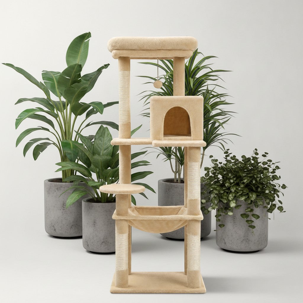 Arbre à chat Bofélin beige en fausse fourrure avec niches, hamac et poteaux en sisal pour grands chats