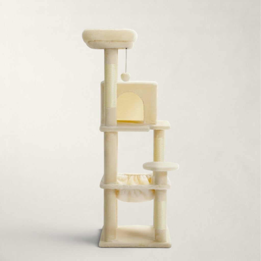 Arbre à chat Bofélin beige en fausse fourrure avec niches, hamac et poteaux en sisal pour grands chats