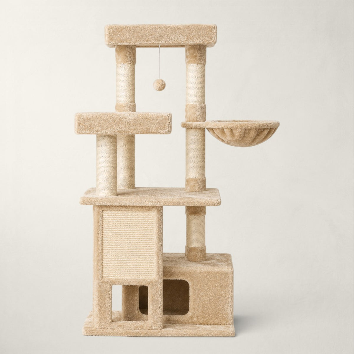 Arbre à chat Bofélin beige en fausse fourrure avec plateformes, hamac, niche et poteaux en sisal naturel