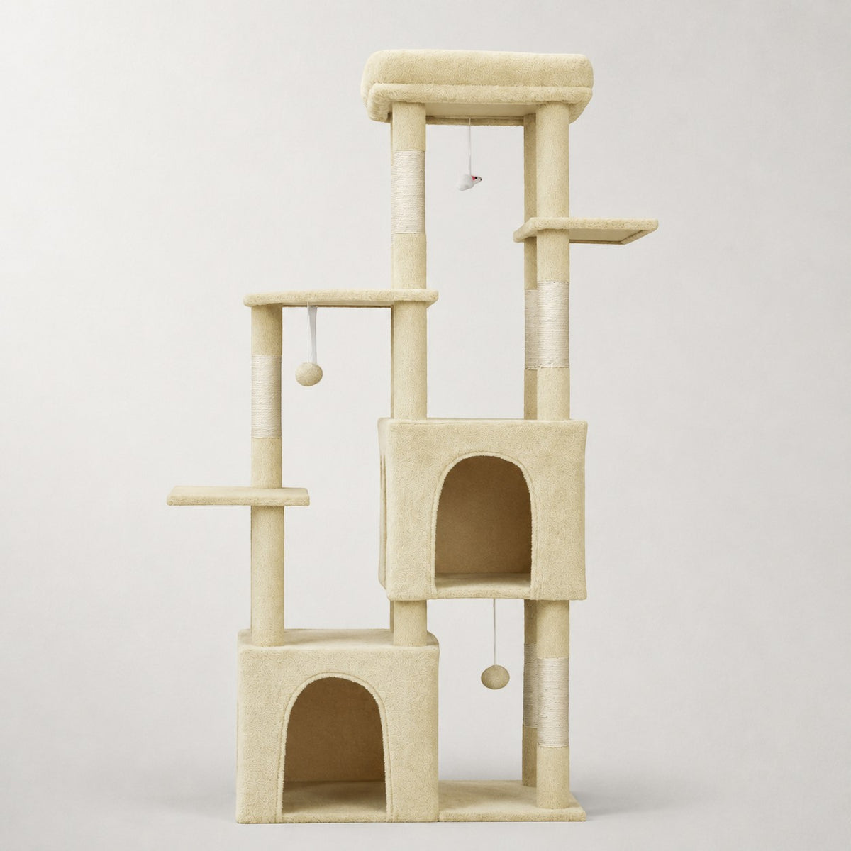 Arbre à chat Bofélin beige pour Maine Coon avec deux niches, poteaux en sisal et plateformes en fausse fourrure douce.