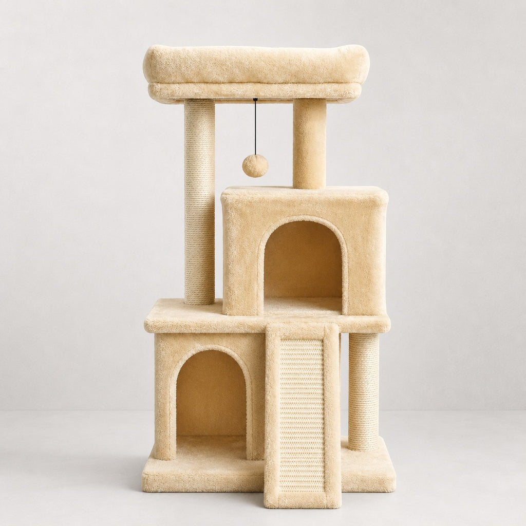 Arbre à chat Bofélin beige avec deux niches, poteaux en sisal, rampe et perchoir rembourré pour Maine Coon