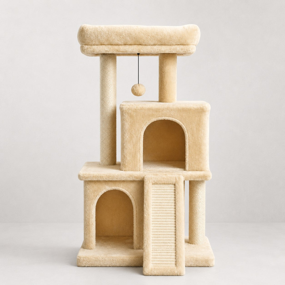 Arbre à chat Bofélin beige avec deux niches, poteaux en sisal, rampe et perchoir rembourré pour Maine Coon