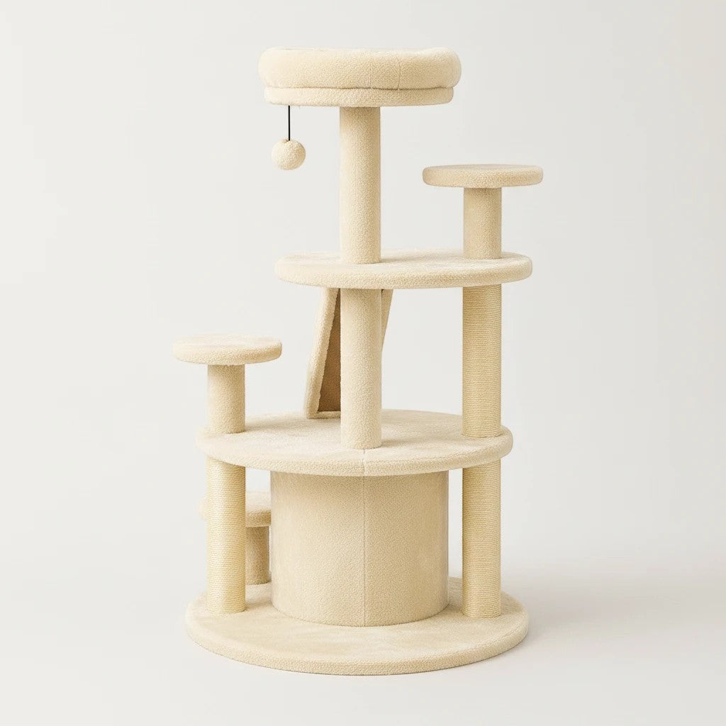 Arbre à chat Bofélin blanc crème à plusieurs niveaux avec niches, plateformes, griffoirs en sisal et pompons suspendus