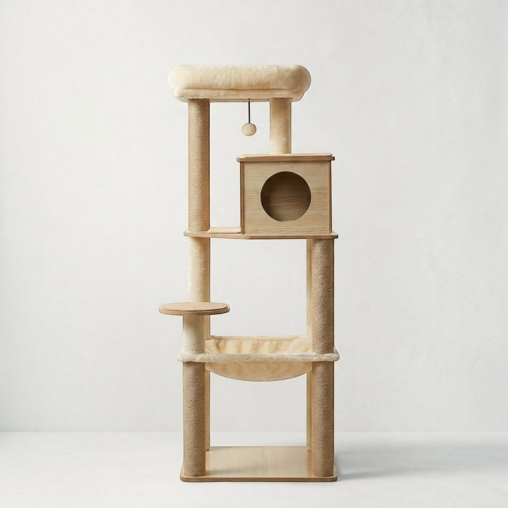 Arbre à chat Bofélin en bois beige avec niches, hamac, poteaux en sisal et coussins amovibles pour grands chats