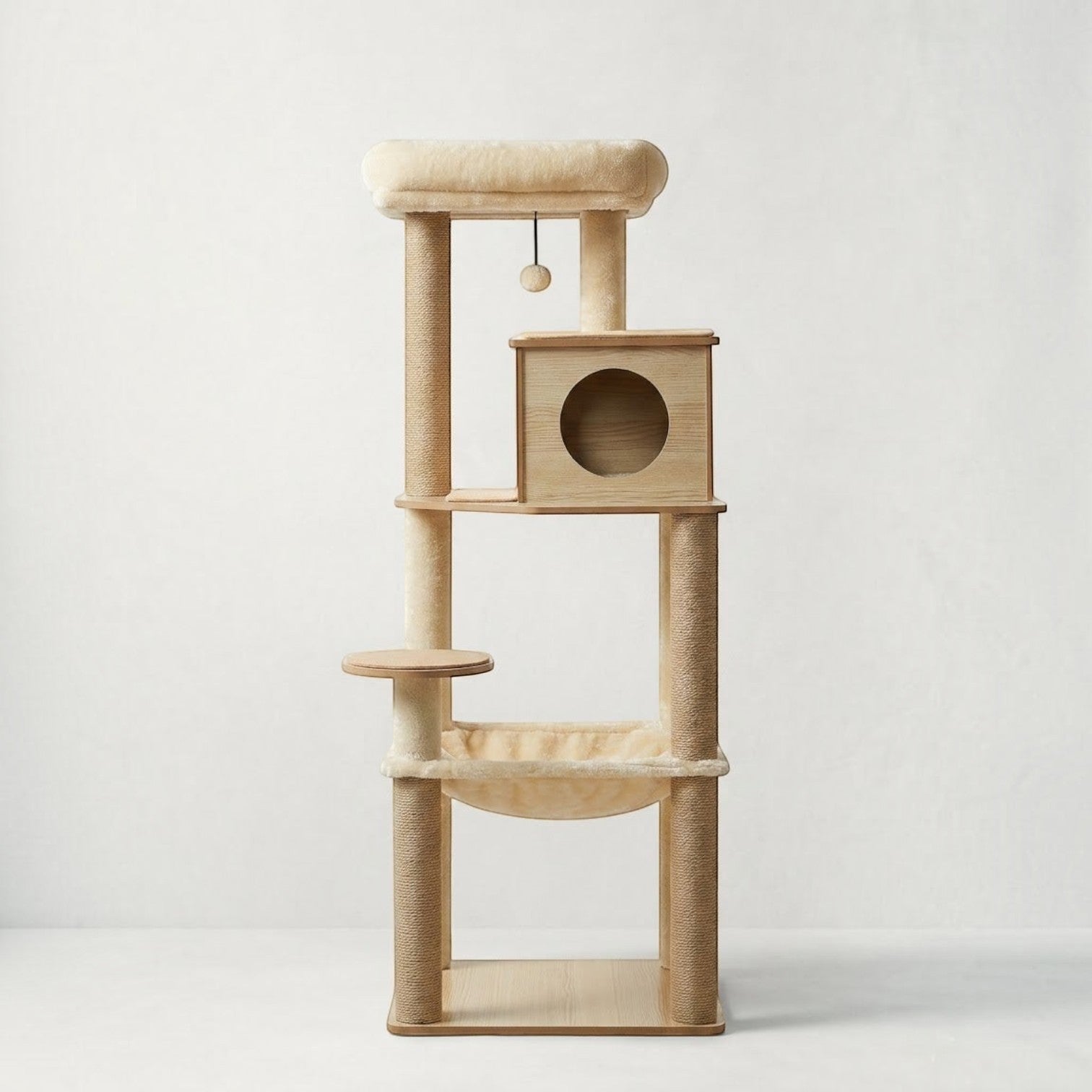 Arbre à chat Bofélin en bois beige avec niches, hamac, poteaux en sisal et coussins amovibles pour grands chats Image