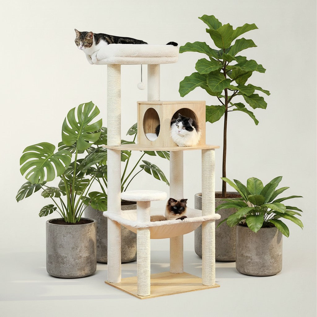 Arbre à chat Bofélin en bois beige avec niche, hamac, plateformes et griffoirs en sisal, entouré de plantes vertes Image